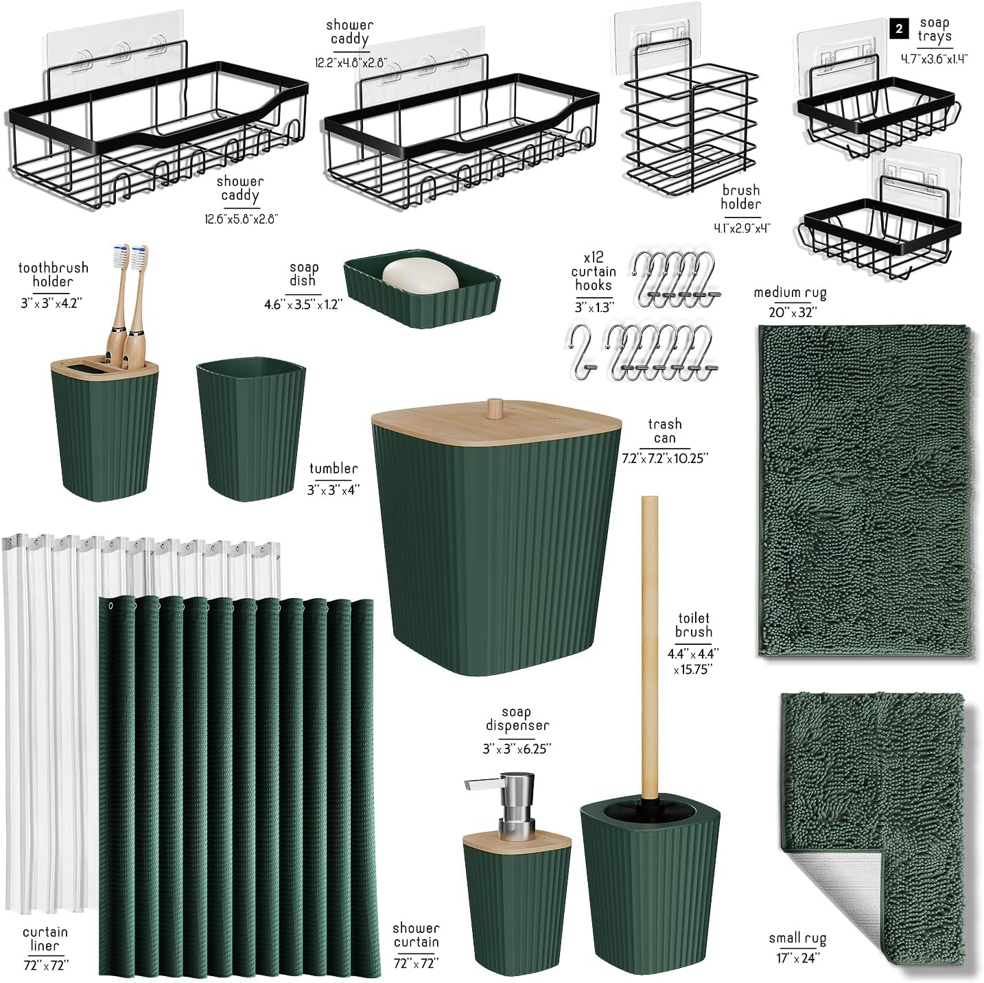 Bathroom Accessories Set with Shower Caddy and Bath Rugs 27PC Bathroom Accessory Set with Shower Caddies Green Bath Rugs, Shower Curtain Set, Toilet Brush, Trash Can, Soap Dispenser, Toothbrush holder