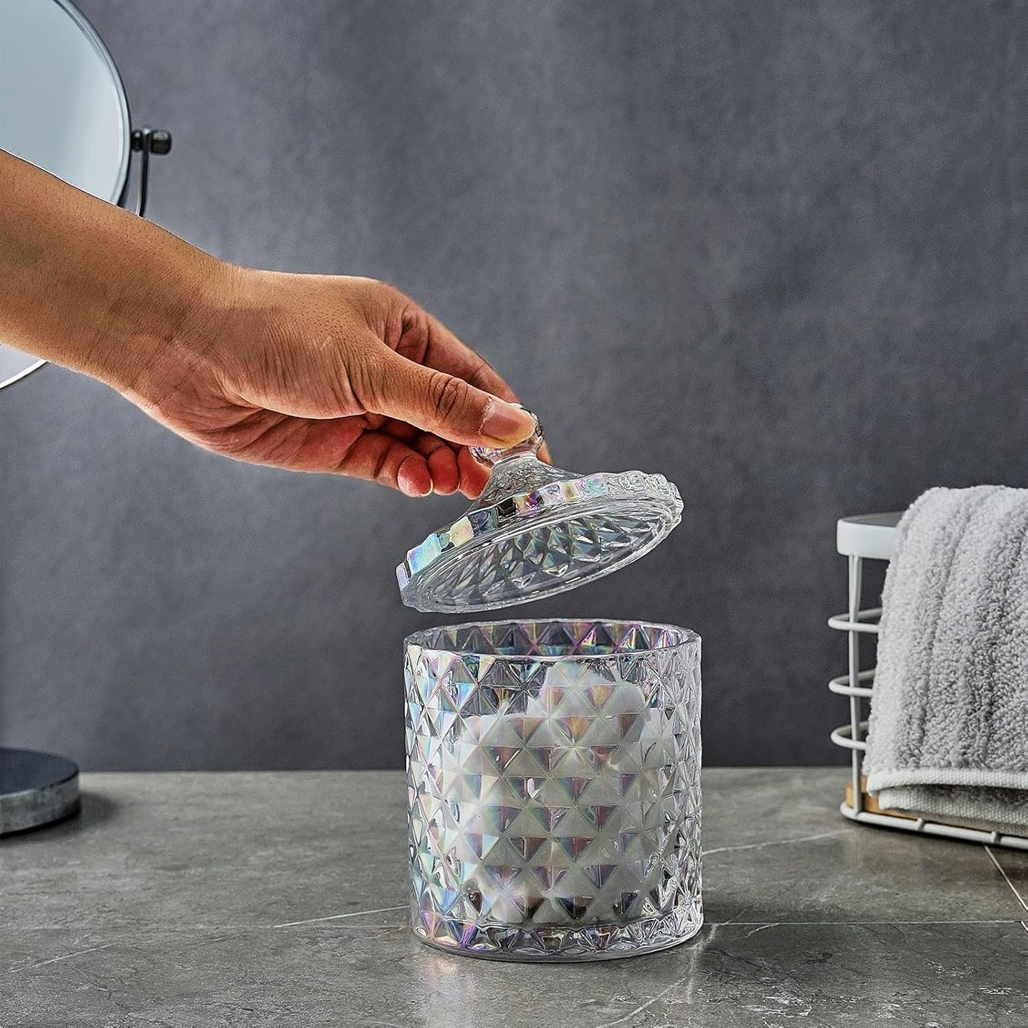 Set of 5 Glass Bathroom Accessories Set Include Soap Dispenser & Tumbler & Soap Dish & Toothbrush Holder & Apothecary Jar(Luxurious Crystal Sparkling Colored)