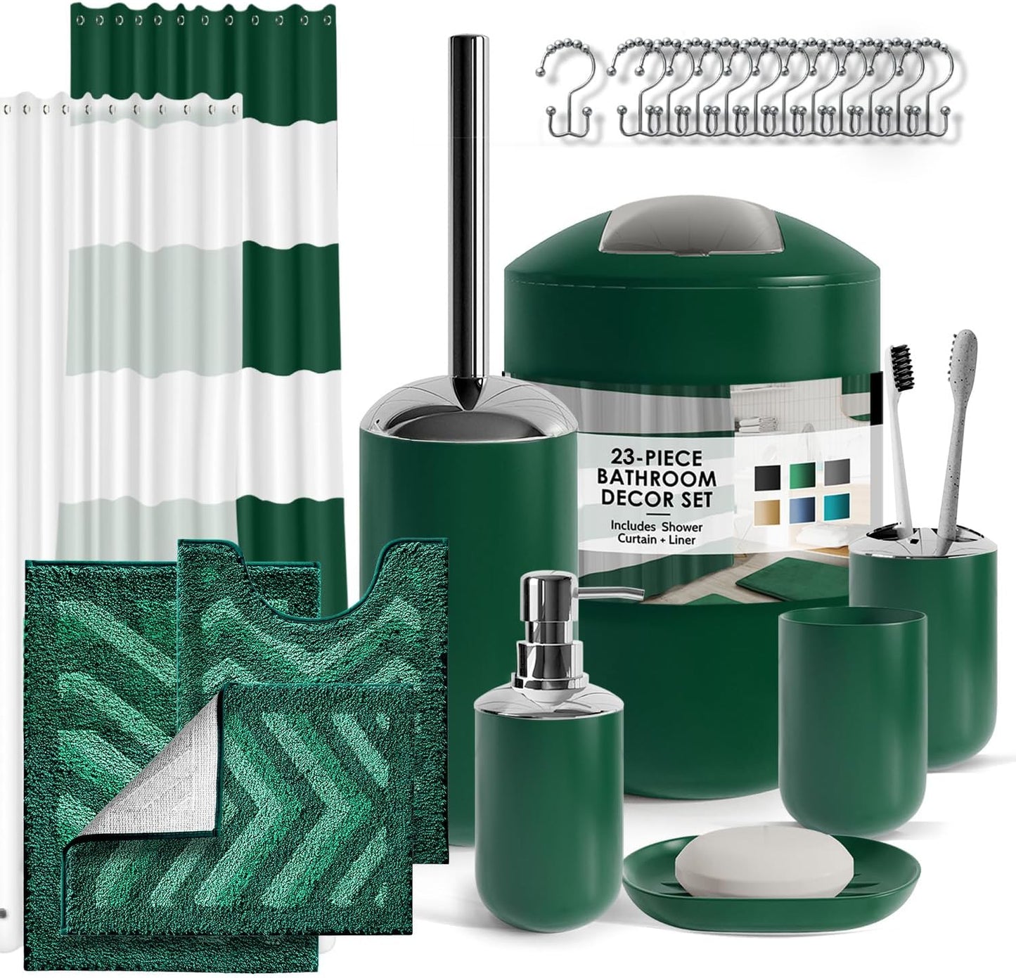 Clara Clark Bathroom Accessories Set - 28PC Bathroom Set with Adhesive Corner Shower Caddy Hanging, Bathroom Sets with Shower Curtain and Rugs, Black Shower Curtain Set with Bathroom Trash Can