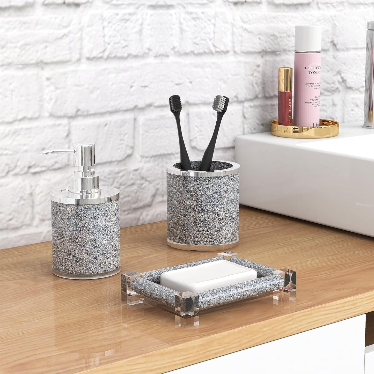 SHYFOY Bathroom Accessories Set, 3 Piece Silver Crystal Crushed Diamond Bathroom Accessory Decor Sets, Glass Bath Restroom Set Vanity Organizer Includes Soap Dispenser, Toothbrush Holder, Soap Dish