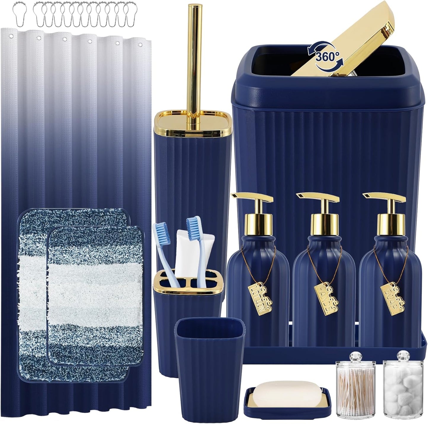 32PCS Bathroom Accessory Set Bathroom Accessories Set Navy Blue Bathroom Set, Shower Curtain Set, 2 Piece Bath Towel Set, 3PC Soap Dispenser, Toilet Brush & Trash Can