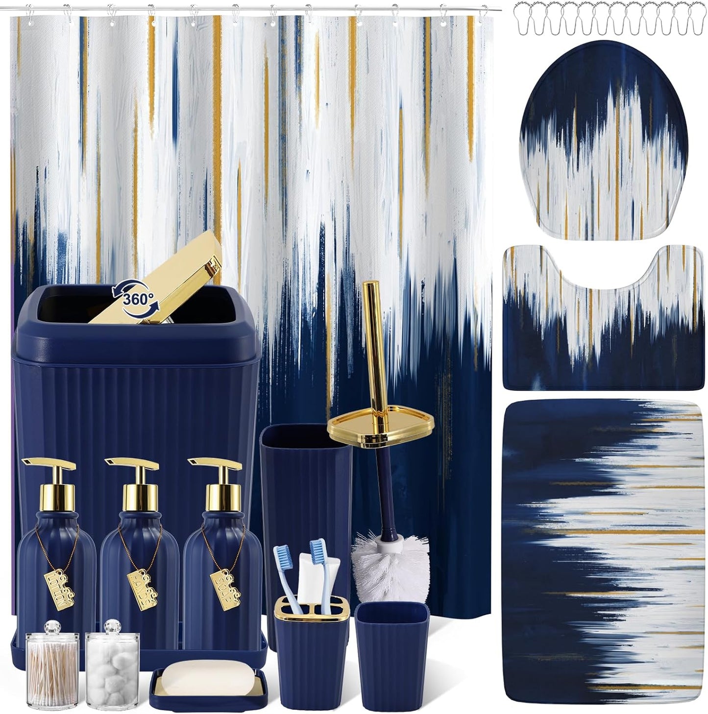 32PCS Bathroom Accessory Set Bathroom Accessories Set Navy Blue Bathroom Set, Shower Curtain Set, 2 Piece Bath Towel Set, 3PC Soap Dispenser, Toilet Brush & Trash Can