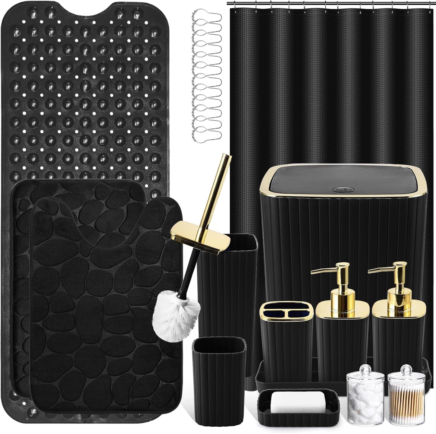 Bathroom Set with Shower Curtain and Rugs- 25PC Bathroom Accessory Set, Black Shower Curtain Set, Toilet Brush, Trash Can, Qtip Holder Dispenser & Soap Dispenser