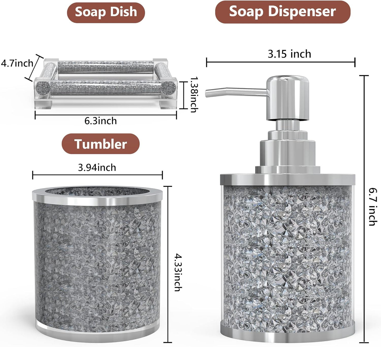 SHYFOY Bathroom Accessories Set, 3 Piece Silver Crystal Crushed Diamond Bathroom Accessory Decor Sets, Glass Bath Restroom Set Vanity Organizer Includes Soap Dispenser, Toothbrush Holder, Soap Dish