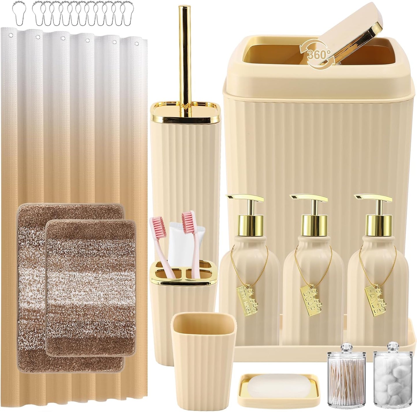 32PCS Bathroom Accessory Set Bathroom Accessories Set Navy Blue Bathroom Set, Shower Curtain Set, 2 Piece Bath Towel Set, 3PC Soap Dispenser, Toilet Brush & Trash Can