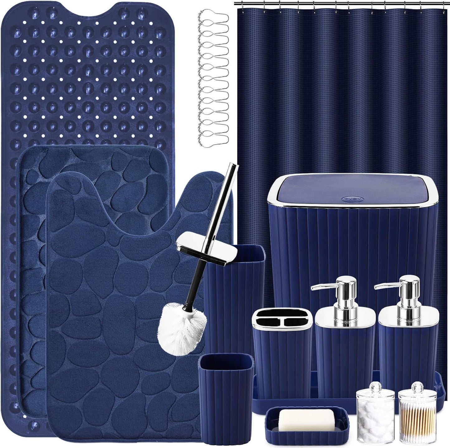 Bathroom Set with Shower Curtain and Rugs- 25PC Bathroom Accessory Set, Black Shower Curtain Set, Toilet Brush, Trash Can, Qtip Holder Dispenser & Soap Dispenser