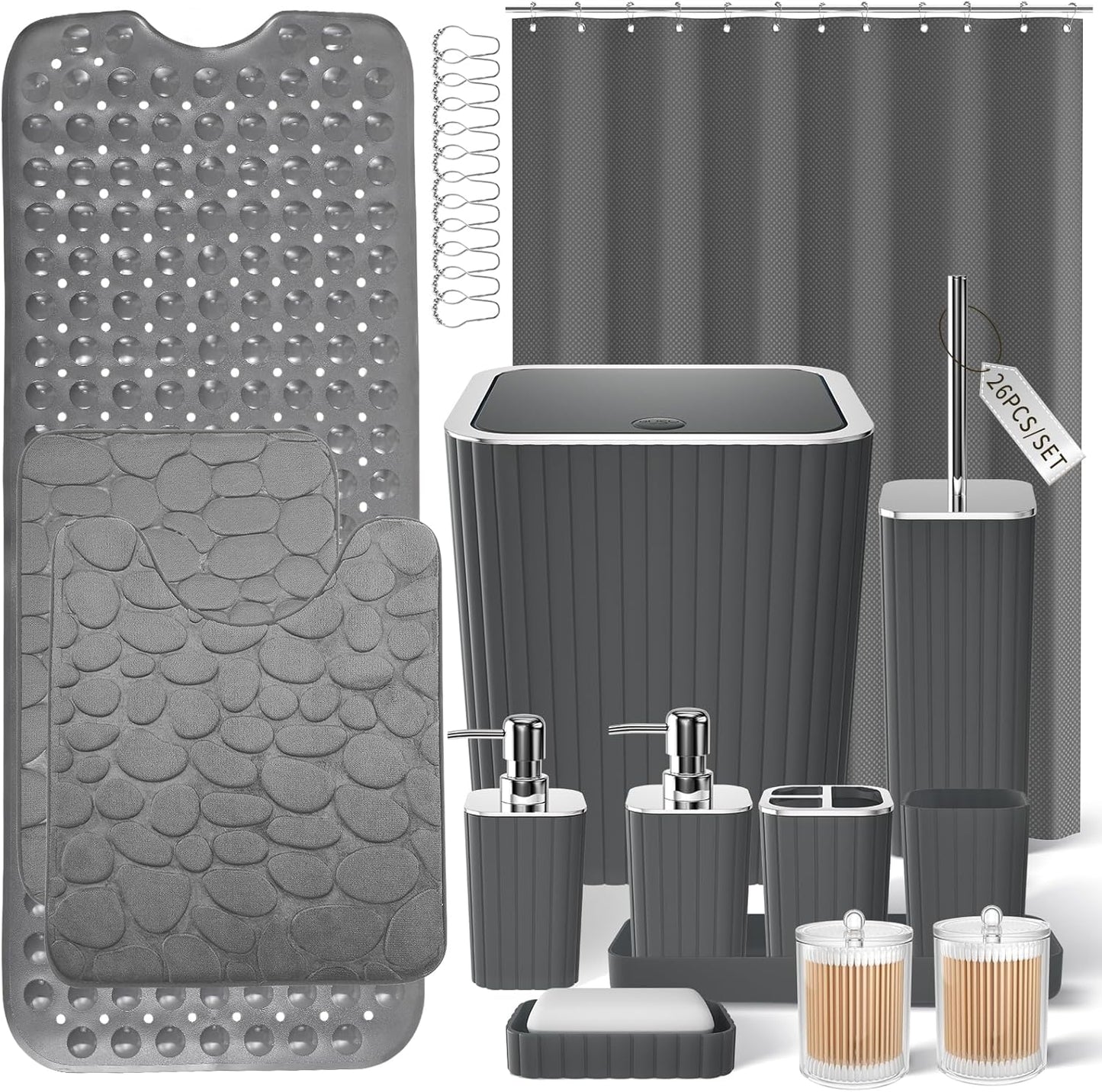 Bathroom Set with Shower Curtain and Rugs- 25PC Bathroom Accessory Set, Black Shower Curtain Set, Toilet Brush, Trash Can, Qtip Holder Dispenser & Soap Dispenser