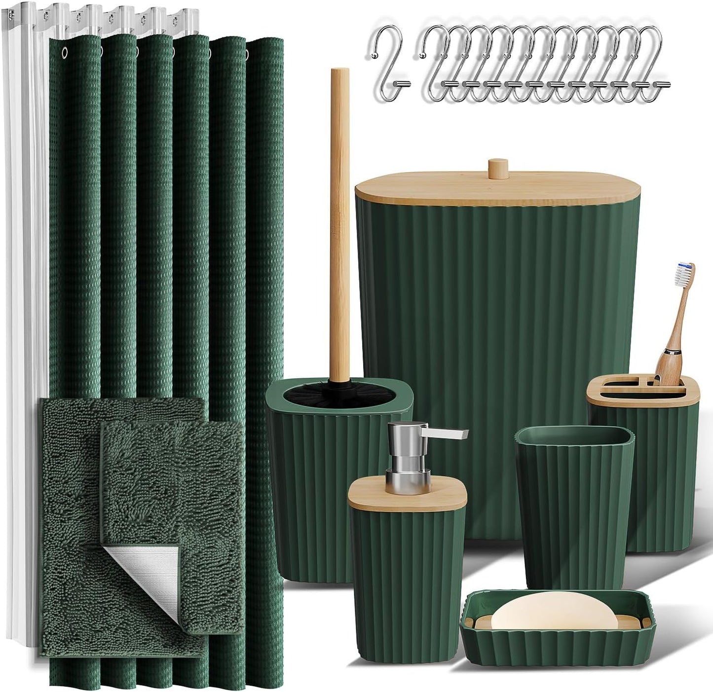 Clara Clark Bathroom Accessories Set - Grey Bathroom Set, Bathroom Sets with Shower Curtain and Rugs, 22PC Shower Curtain Set with Bathroom Trash Can