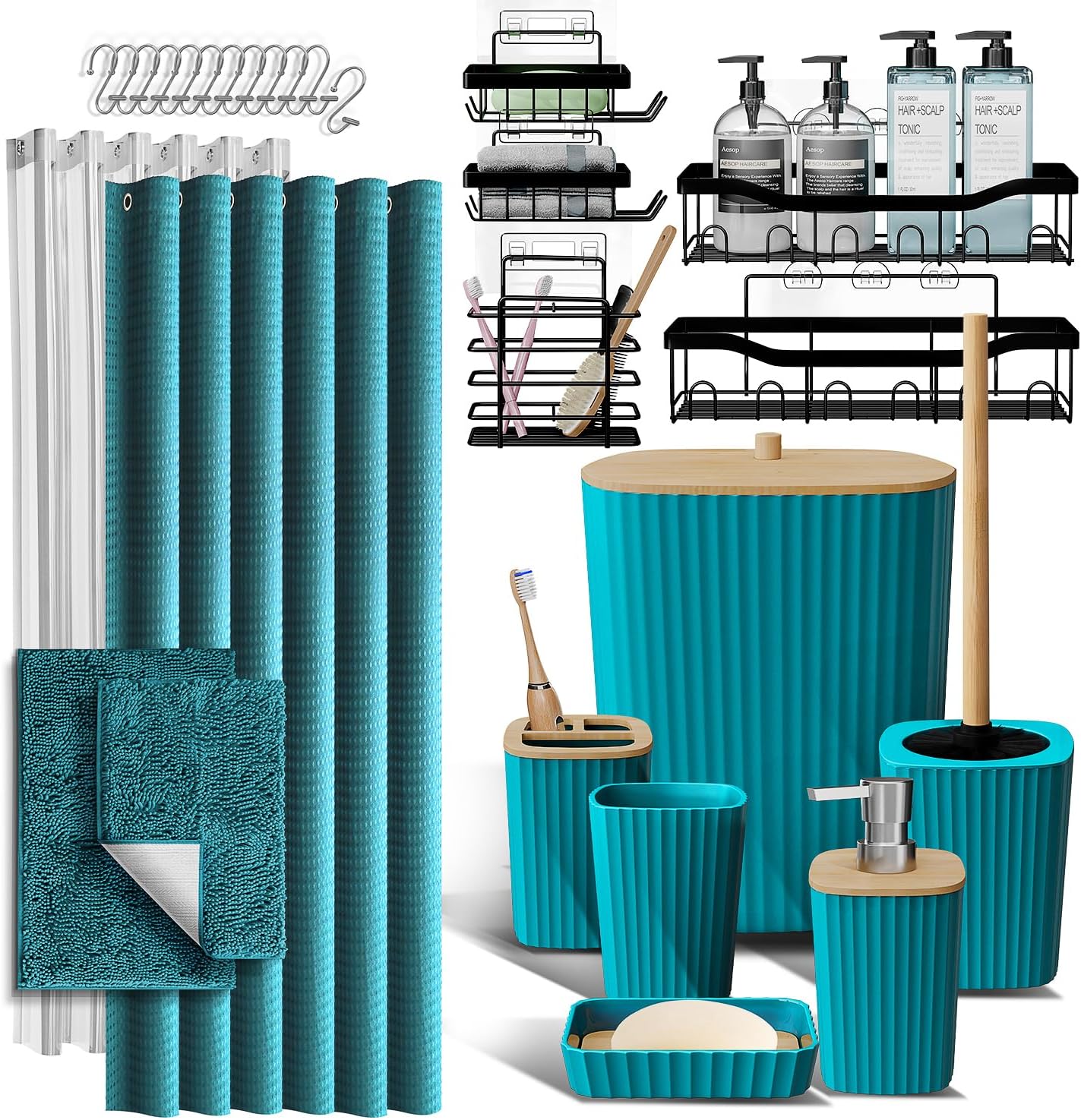 Bathroom Accessories Set with Shower Caddy and Bath Rugs 27PC Bathroom Accessory Set with Shower Caddies Green Bath Rugs, Shower Curtain Set, Toilet Brush, Trash Can, Soap Dispenser, Toothbrush holder