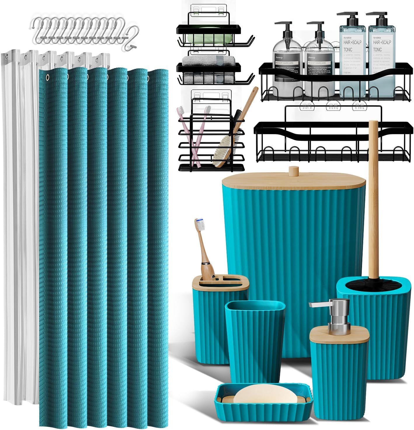 Bathroom Accessories Set with Shower Caddy and Bath Rugs 27PC Bathroom Accessory Set with Shower Caddies Green Bath Rugs, Shower Curtain Set, Toilet Brush, Trash Can, Soap Dispenser, Toothbrush holder