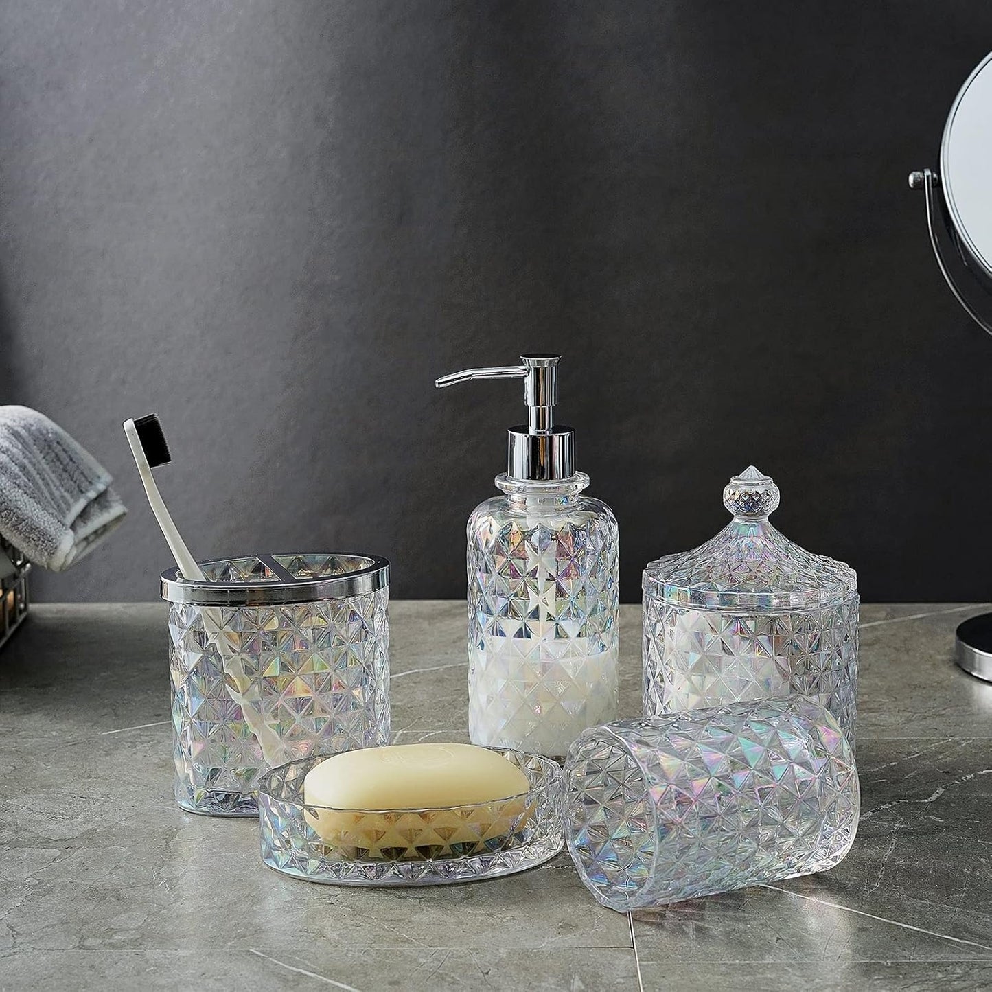 Set of 5 Glass Bathroom Accessories Set Include Soap Dispenser & Tumbler & Soap Dish & Toothbrush Holder & Apothecary Jar(Luxurious Crystal Sparkling Colored)
