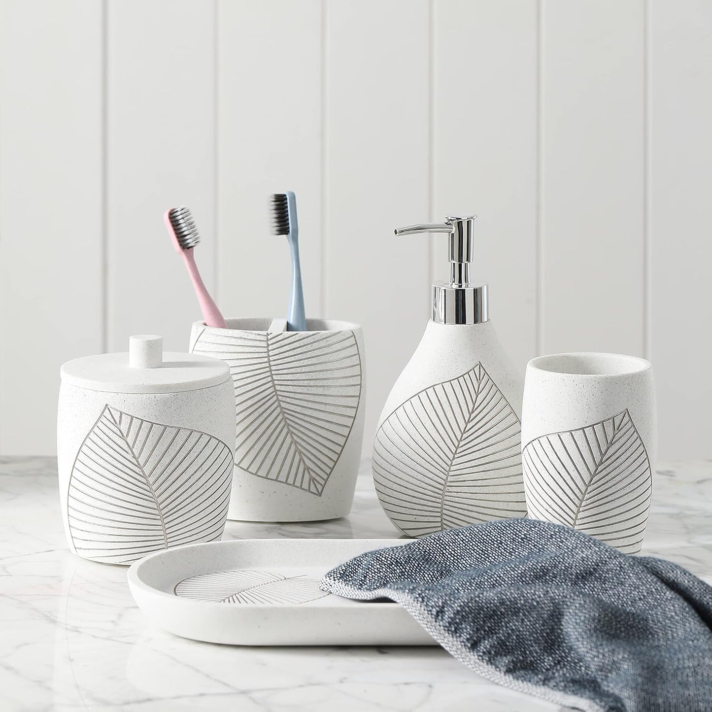 Bathroom Accessories Set, 5-Piece Resin Bath Accessory Complete Set with Lotion Dispenser/Soap Pump, Cotton Jar, Tray, Tumbler and Toothbrush Holder (Marble Look)