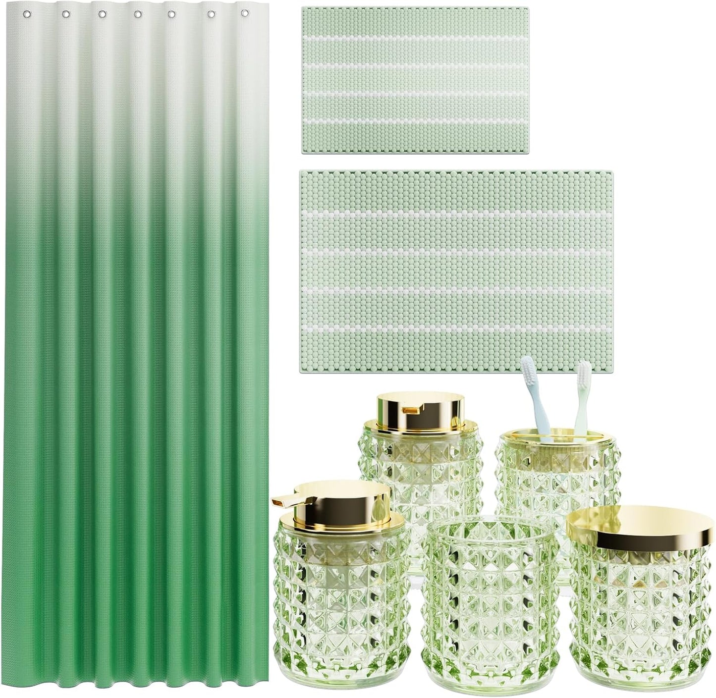 Bathroom Sets with Shower Curtain and Rugs and Accessories, Glass Bathroom Accessories Set Green Bathroom Set Bathroom Sets, Green Bath Mat and Diamond Soap Dispenser for Bathroom Decor