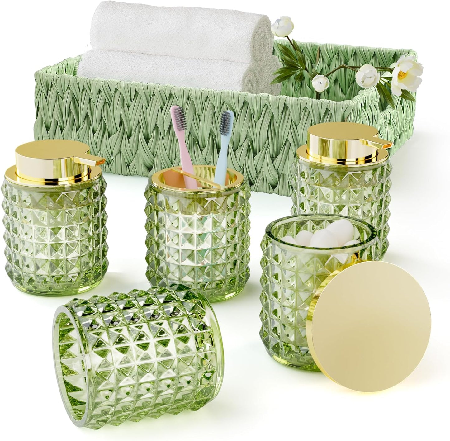 Bathroom Sets with Shower Curtain and Rugs and Accessories, Glass Bathroom Accessories Set Green Bathroom Set Bathroom Sets, Green Bath Mat and Diamond Soap Dispenser for Bathroom Decor