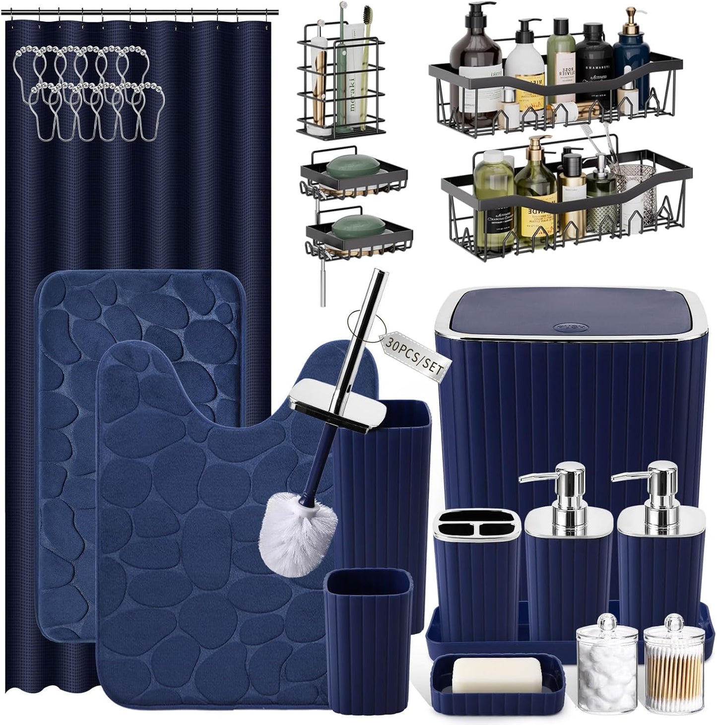 Bathroom Set with Shower Curtain and Rugs- 25PC Bathroom Accessory Set, Black Shower Curtain Set, Toilet Brush, Trash Can, Qtip Holder Dispenser & Soap Dispenser