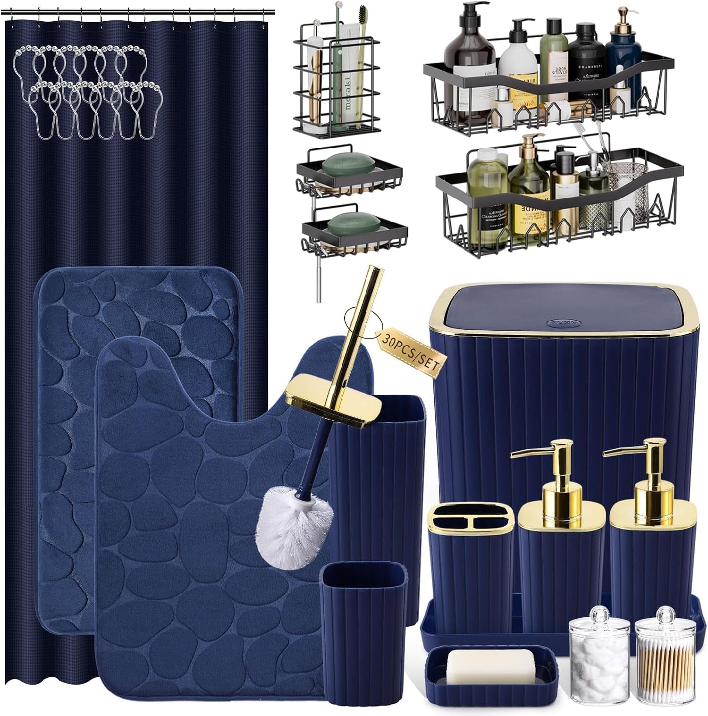 Bathroom Set with Shower Curtain and Rugs- 25PC Bathroom Accessory Set, Black Shower Curtain Set, Toilet Brush, Trash Can, Qtip Holder Dispenser & Soap Dispenser