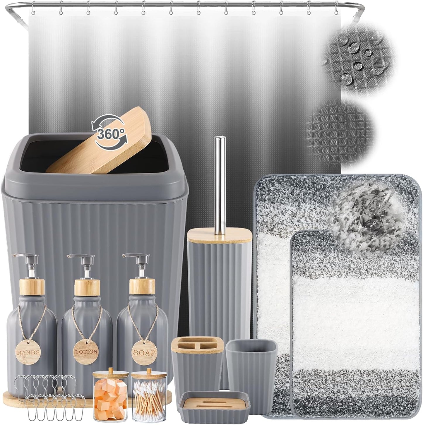 32PCS Bathroom Sets with Shower Curtain and Rugs Beige Bathroom Accessories Set Shower Curtain Set 3PCS Lotion Soap Dispenser Bathroom Accessories with Black Bathroom Decor