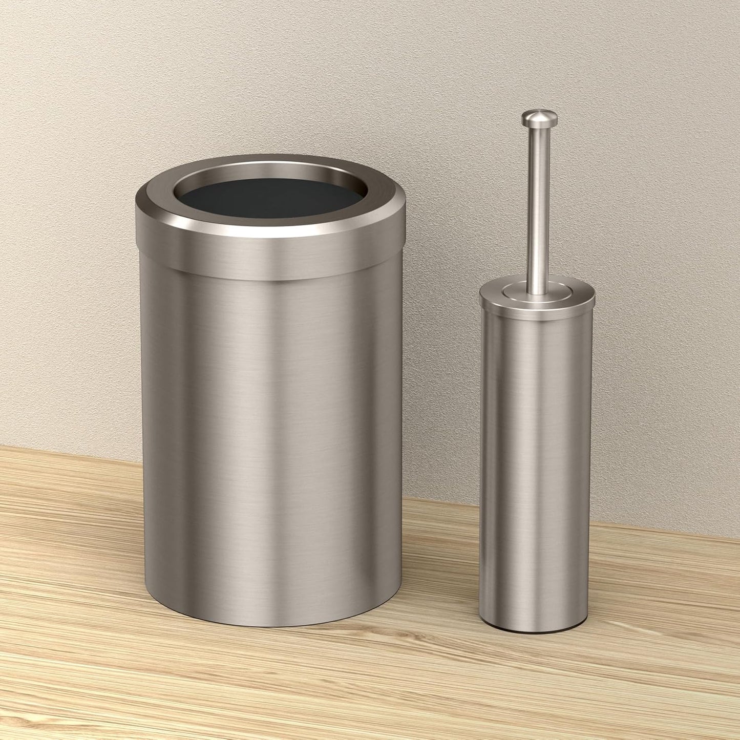 Gatco Modern Round Waste Basket and Toilet Brush Set, Satin Nickel- Stainless Steel Trash Can with Removable Lid, Leakproof, 3 Gallon Capacity for Bathroom, Bedroom, Kitchen, or Office