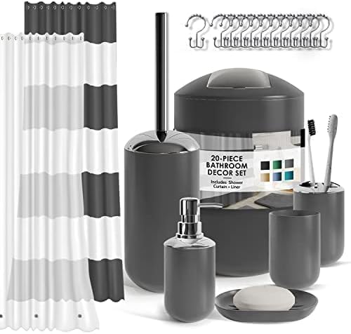 Clara Clark Bathroom Accessories Set - 28PC Bathroom Set with Adhesive Corner Shower Caddy Hanging, Bathroom Sets with Shower Curtain and Rugs, Black Shower Curtain Set with Bathroom Trash Can