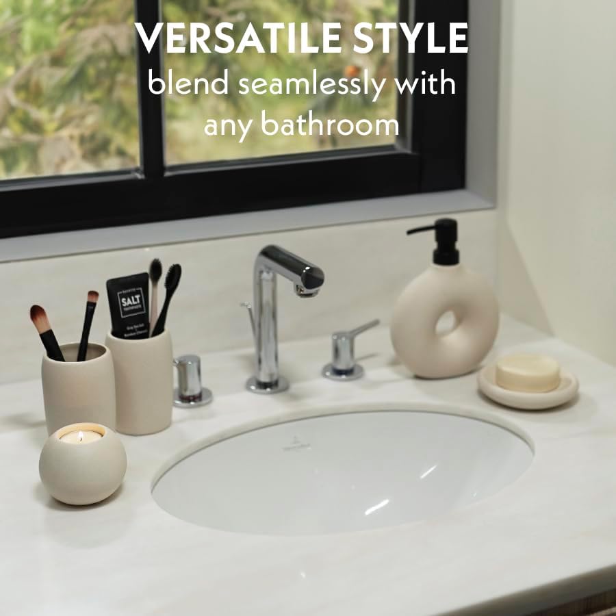 Ceramic Bathroom Accessory Set, 5 Pcs - Includes Soap Dispenser, Toothbrush Cup, Toothbrush Holder, Soap Dish & Candle Holder - Beige, Matte Glaze - Aesthetic Bathroom Decor