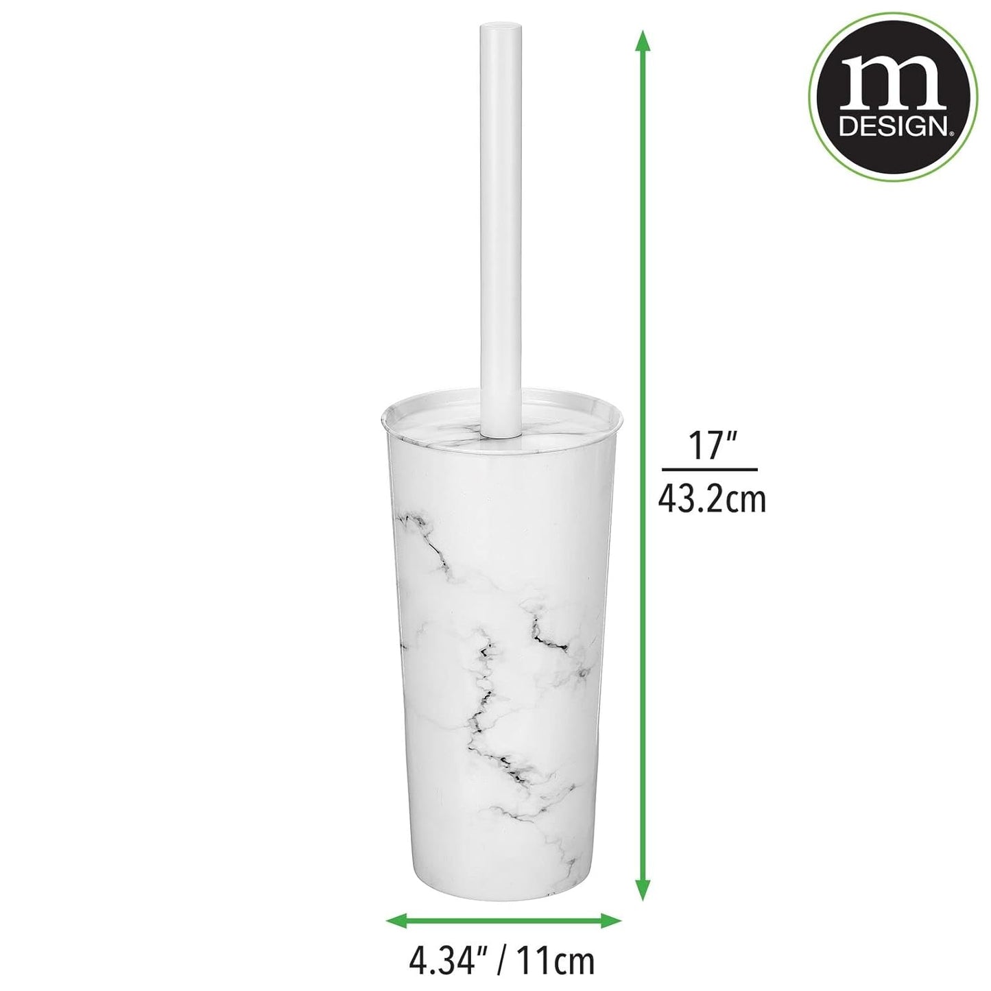 mDesign Metal Freestanding Slim Toilet Bowl Brush and Holder + Rectangle Narrow 5 Liter / 1.3 Gallon Step Pedal Trash Can Wastebasket for Bathroom - Small, Compact Design - Set of 2 - White Marble