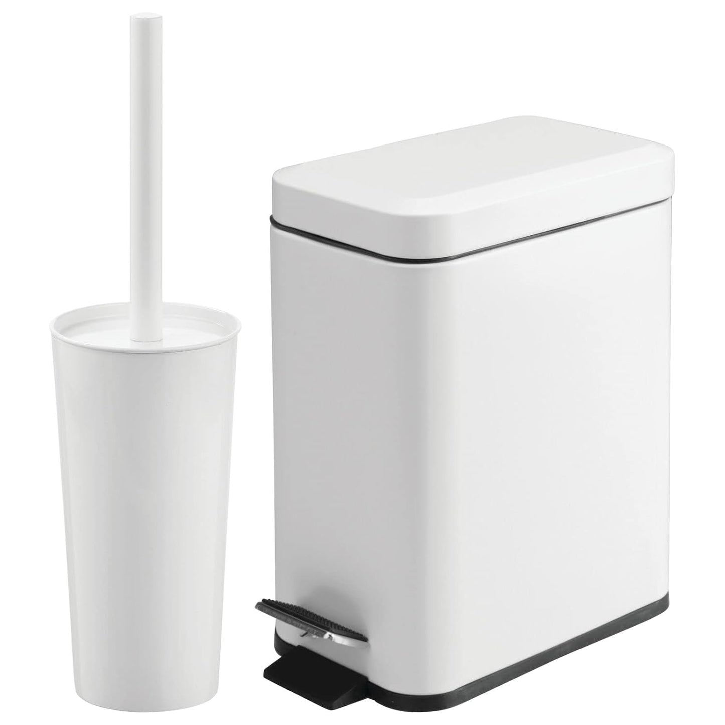 mDesign Metal Freestanding Slim Toilet Bowl Brush and Holder + Rectangle Narrow 5 Liter / 1.3 Gallon Step Pedal Trash Can Wastebasket for Bathroom - Small, Compact Design - Set of 2 - White Marble