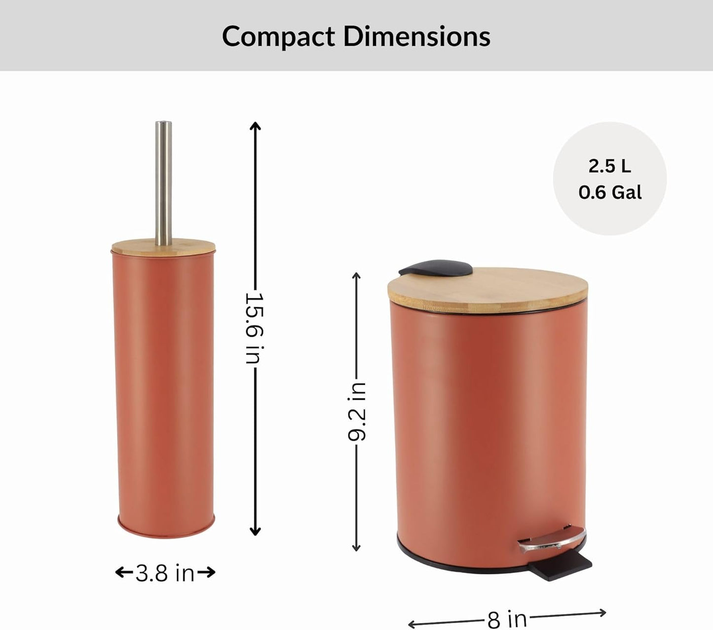 Terracotta Bathroom Set with Bamboo Lid - Matte Metal Trash Can and Toilet Brush, 2.5L Bin with Foot Pedal, Quick-Dry Brush Holder - Compact Set for Small Spaces