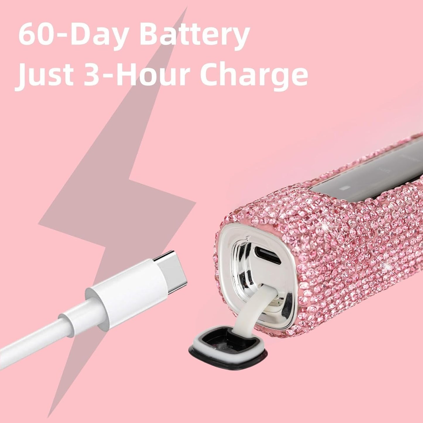 Diamond Sonic Electric Toothbrush Bling Rechargeable Toothbrushes for Adults with 6 Brush Heads Vibrating Toothbrush-5 Modes, USB-C Fast Charge,2Min Smart Timer,IPX7 Waterproof(Pink)