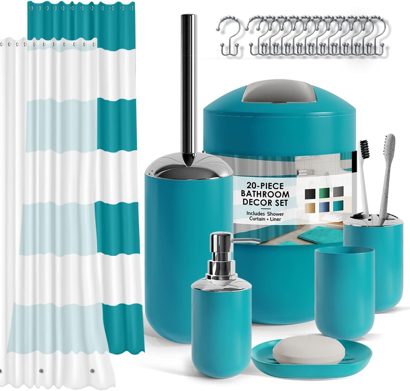 Clara Clark Bathroom Accessories Set - 28PC Bathroom Set with Adhesive Corner Shower Caddy Hanging, Bathroom Sets with Shower Curtain and Rugs, Black Shower Curtain Set with Bathroom Trash Can