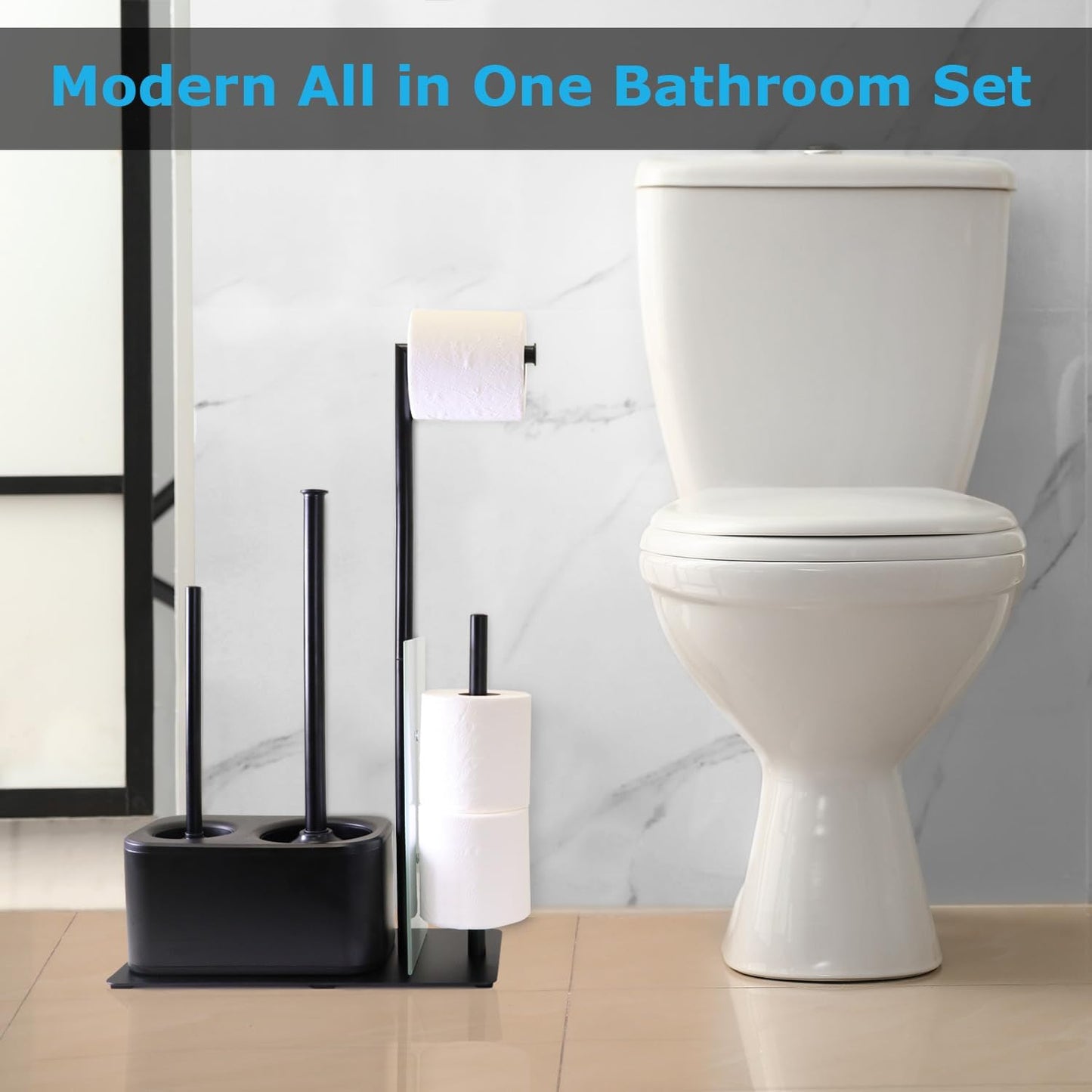 Blue Donuts Modern Bath Set for Bathroom Organization, All in One Toilet Brush, Toilet Plunger, Toilet Paper Holder Stand and Toilet Tissue Paper Storage All in One Combo.