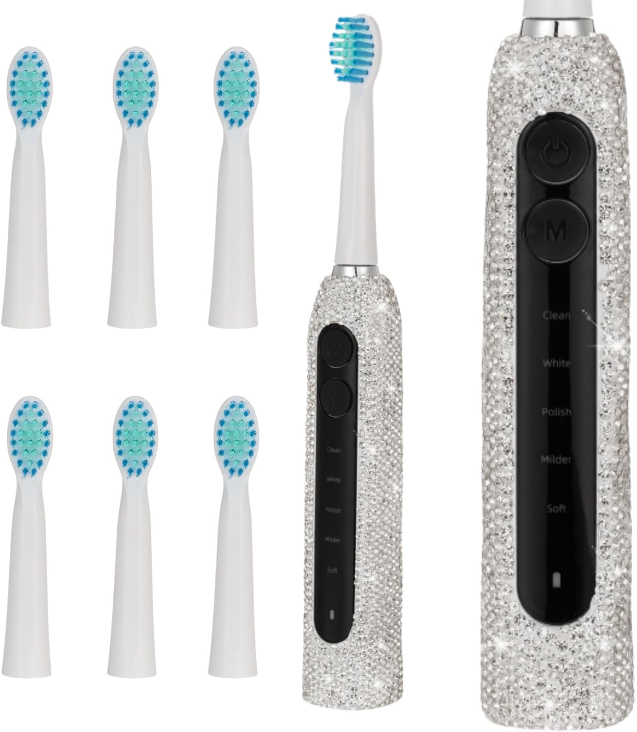 Diamond Sonic Electric Toothbrush Bling Rechargeable Toothbrushes for Adults with 6 Brush Heads Vibrating Toothbrush-5 Modes, USB-C Fast Charge,2Min Smart Timer,IPX7 Waterproof(Pink)