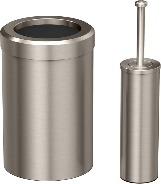 Gatco Modern Round Waste Basket and Toilet Brush Set, Satin Nickel- Stainless Steel Trash Can with Removable Lid, Leakproof, 3 Gallon Capacity for Bathroom, Bedroom, Kitchen, or Office