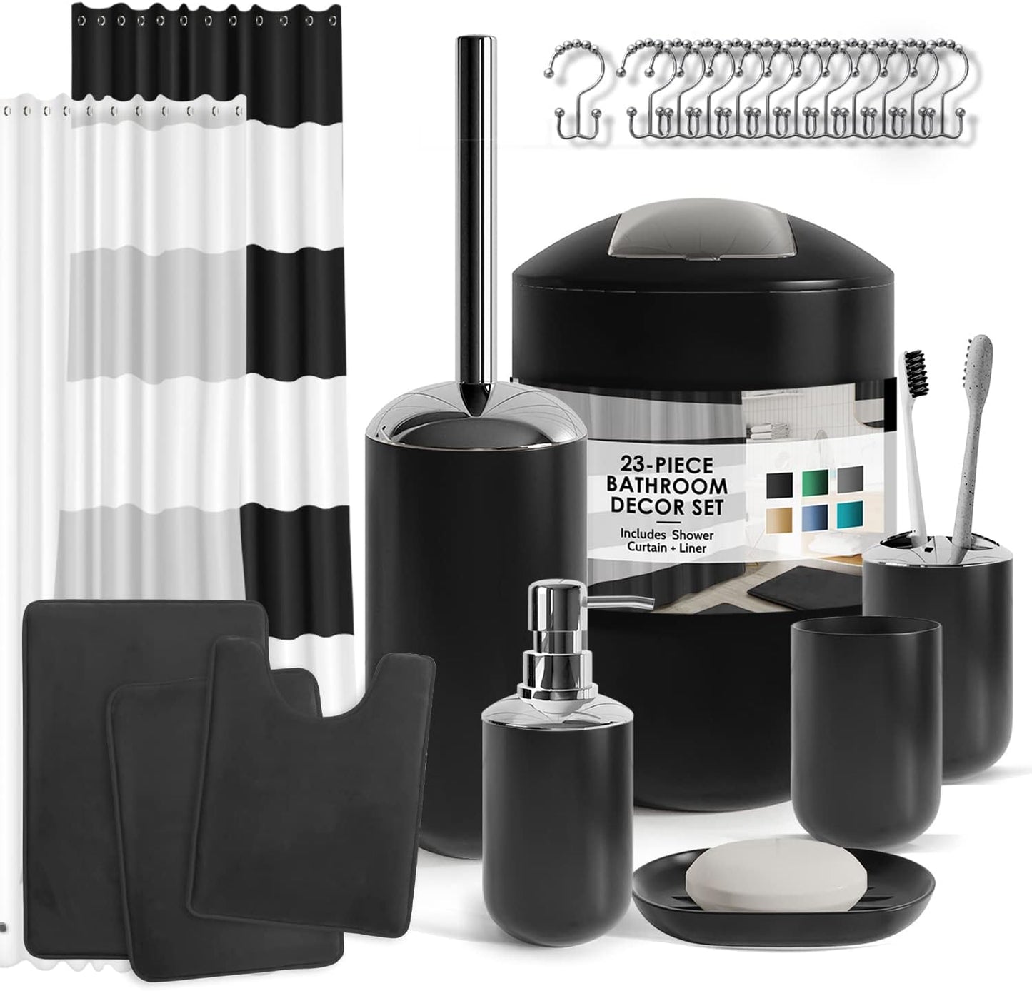 Clara Clark Bathroom Accessories Set - 28PC Bathroom Set with Adhesive Corner Shower Caddy Hanging, Bathroom Sets with Shower Curtain and Rugs, Black Shower Curtain Set with Bathroom Trash Can