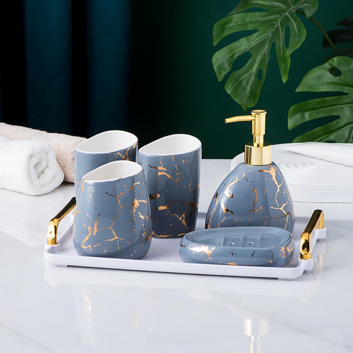 Black Bathroom Accessories Set,Gold Marble Look Bathroom Decor,Modern 6 Piece Bathroom Accessory Set,Complete with Soap Dispenser,Toothbrush Holder,Tumbler,Tray Countertop