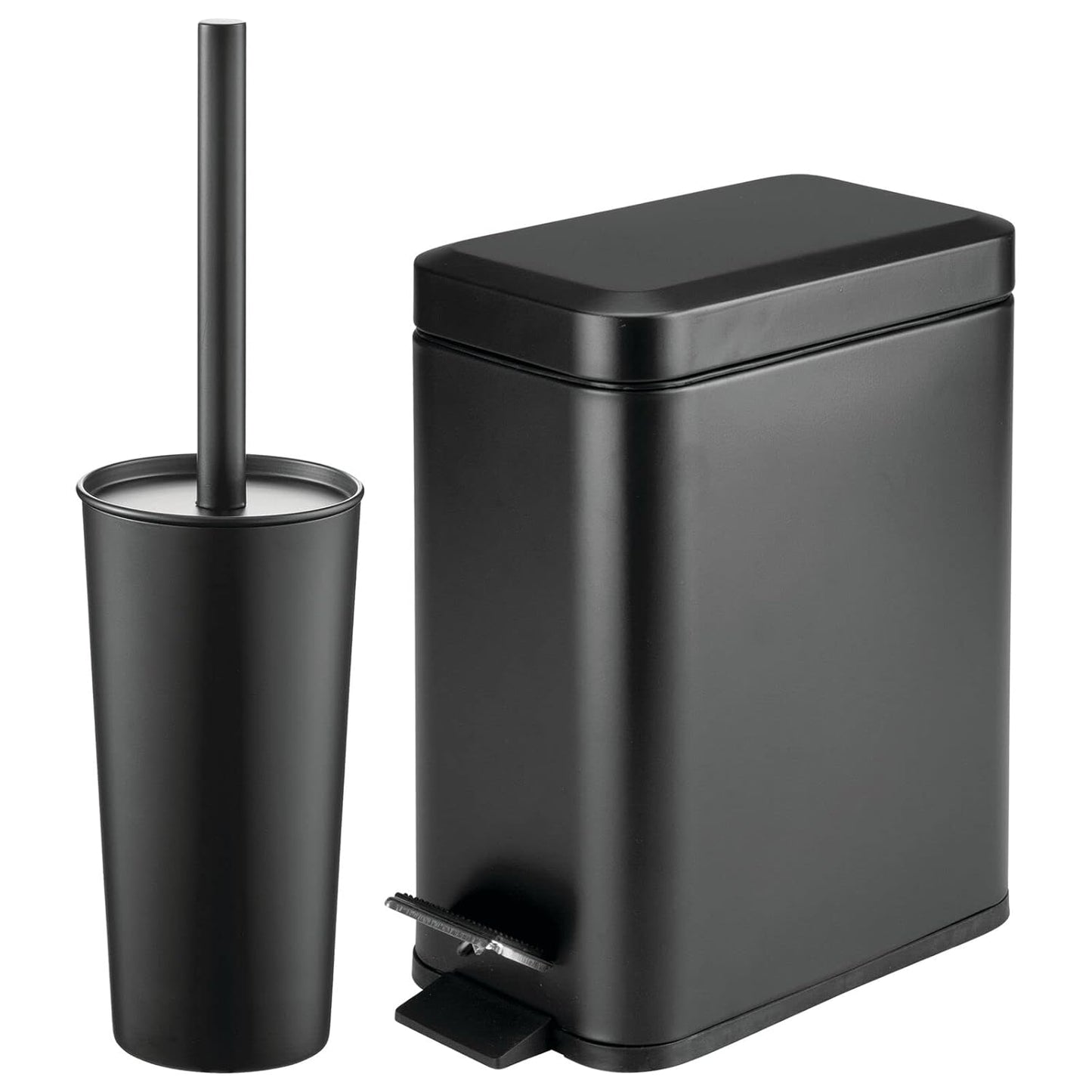 mDesign Metal Freestanding Slim Toilet Bowl Brush and Holder + Rectangle Narrow 5 Liter / 1.3 Gallon Step Pedal Trash Can Wastebasket for Bathroom - Small, Compact Design - Set of 2 - White Marble