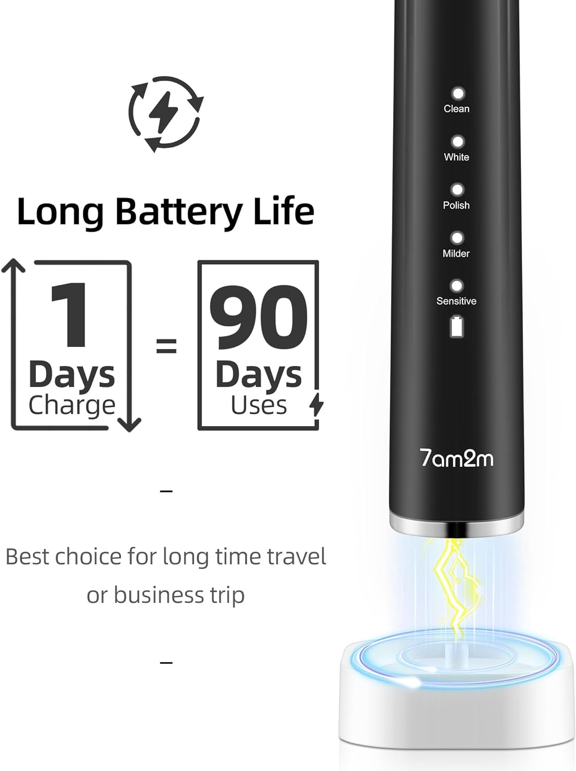 7AM2M Electric Toothbrush 2 Pack Set for Kids and Adults, 12 Brush Heads,5 Adjustable Modes, Built-in 2-Minute Smart Timer,Wireless Fast Charge for 60 Days,IPX7 Waterproof SonicToothbrush(Black+Pink)