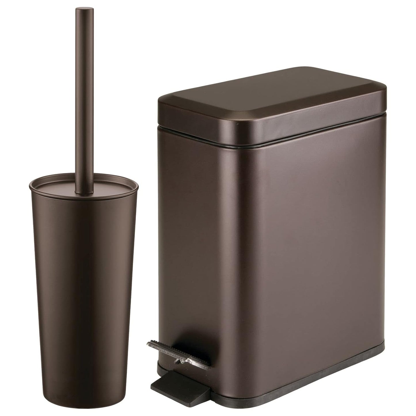mDesign Metal Freestanding Slim Toilet Bowl Brush and Holder + Rectangle Narrow 5 Liter / 1.3 Gallon Step Pedal Trash Can Wastebasket for Bathroom - Small, Compact Design - Set of 2 - White Marble