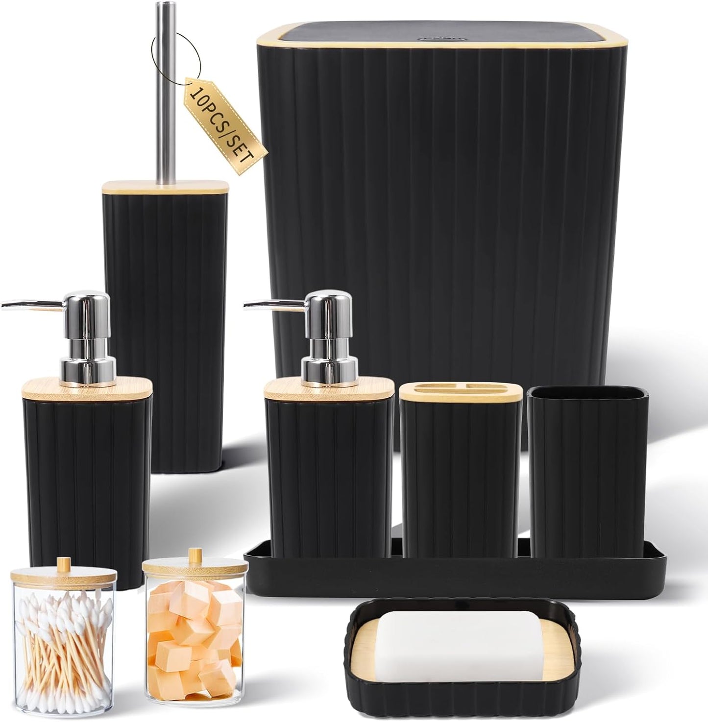 Bathroom Set with Shower Curtain and Rugs- 25PC Bathroom Accessory Set, Black Shower Curtain Set, Toilet Brush, Trash Can, Qtip Holder Dispenser & Soap Dispenser