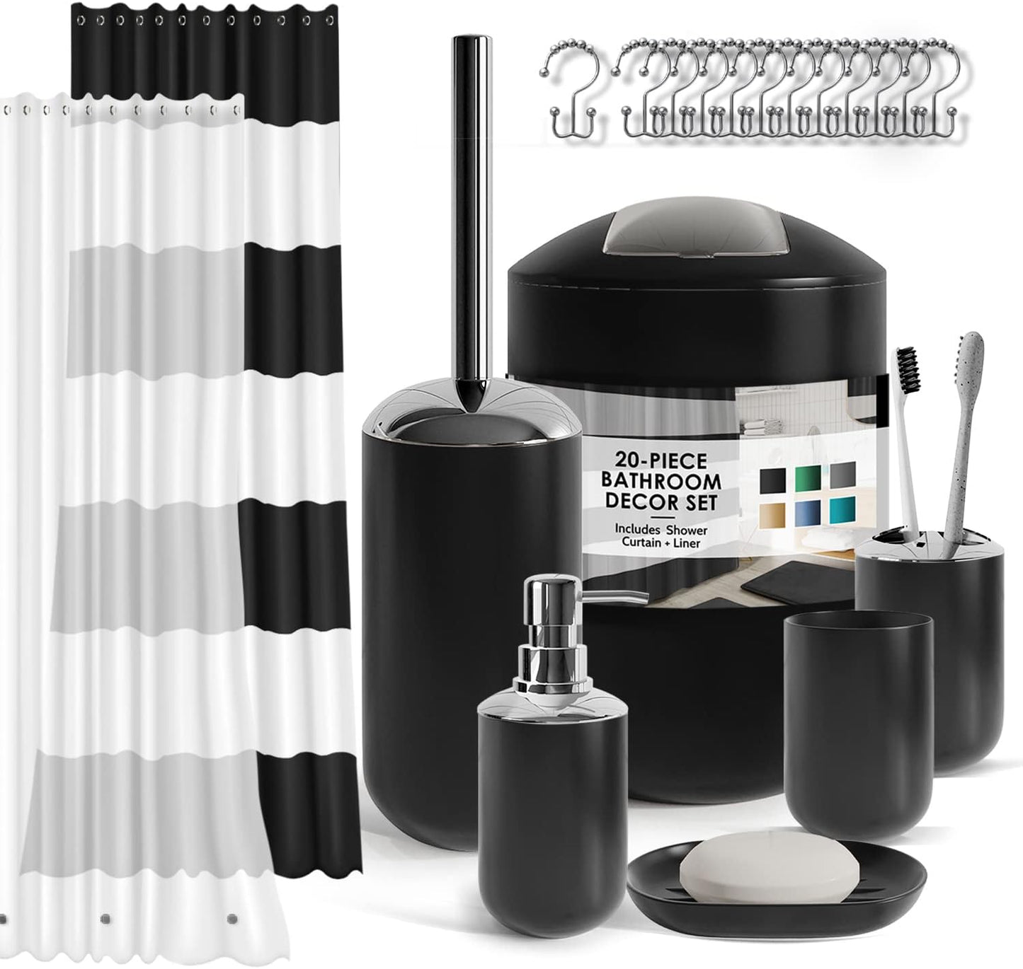 Clara Clark Bathroom Accessories Set - 28PC Bathroom Set with Adhesive Corner Shower Caddy Hanging, Bathroom Sets with Shower Curtain and Rugs, Black Shower Curtain Set with Bathroom Trash Can