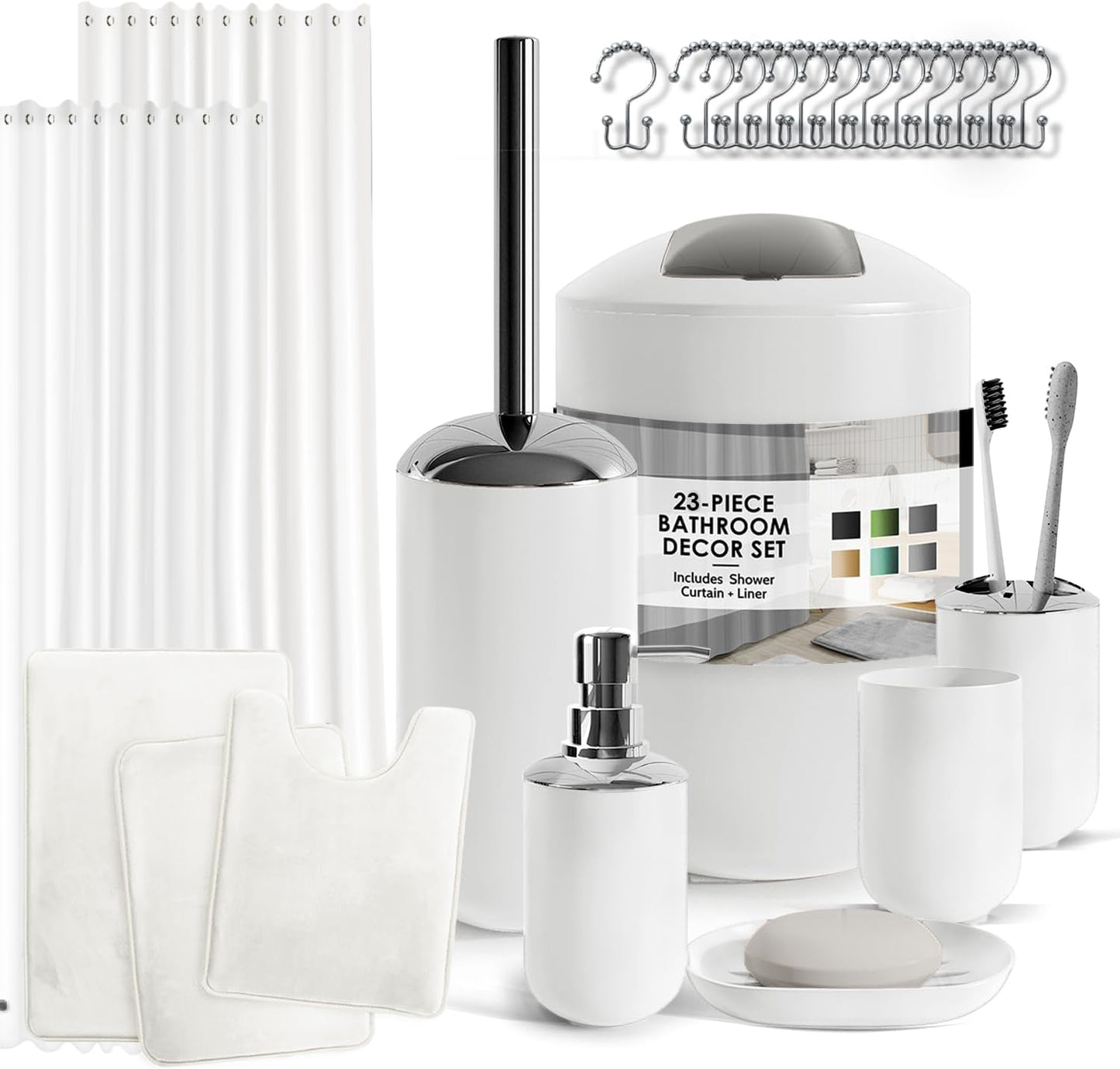 Clara Clark Bathroom Accessories Set - 28PC Bathroom Set with Adhesive Corner Shower Caddy Hanging, Bathroom Sets with Shower Curtain and Rugs, Black Shower Curtain Set with Bathroom Trash Can