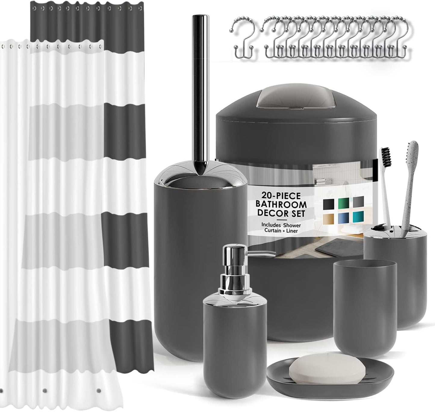 Clara Clark Bathroom Accessories Set - 28PC Bathroom Set with Adhesive Corner Shower Caddy Hanging, Bathroom Sets with Shower Curtain and Rugs, Black Shower Curtain Set with Bathroom Trash Can