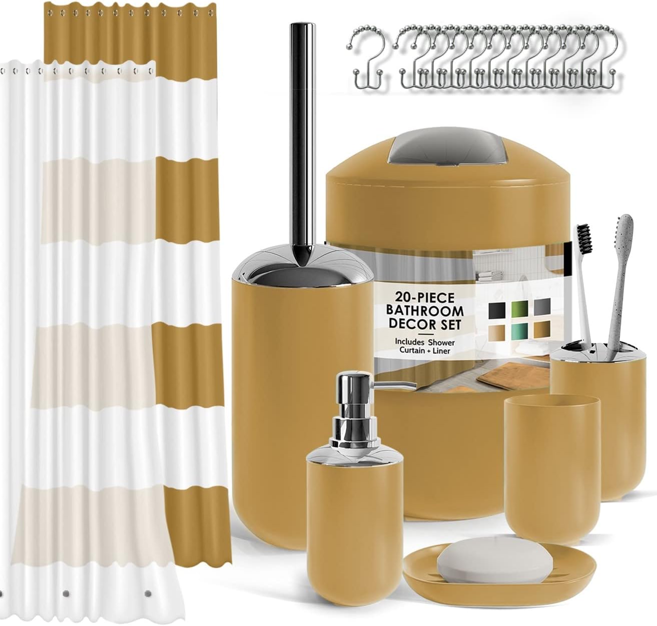 Clara Clark Bathroom Accessories Set - 28PC Bathroom Set with Adhesive Corner Shower Caddy Hanging, Bathroom Sets with Shower Curtain and Rugs, Black Shower Curtain Set with Bathroom Trash Can