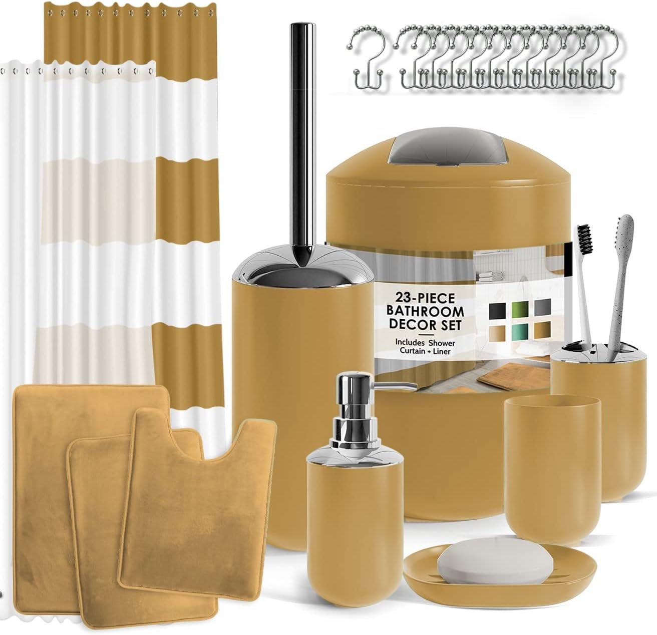 Clara Clark Bathroom Accessories Set - 28PC Bathroom Set with Adhesive Corner Shower Caddy Hanging, Bathroom Sets with Shower Curtain and Rugs, Black Shower Curtain Set with Bathroom Trash Can