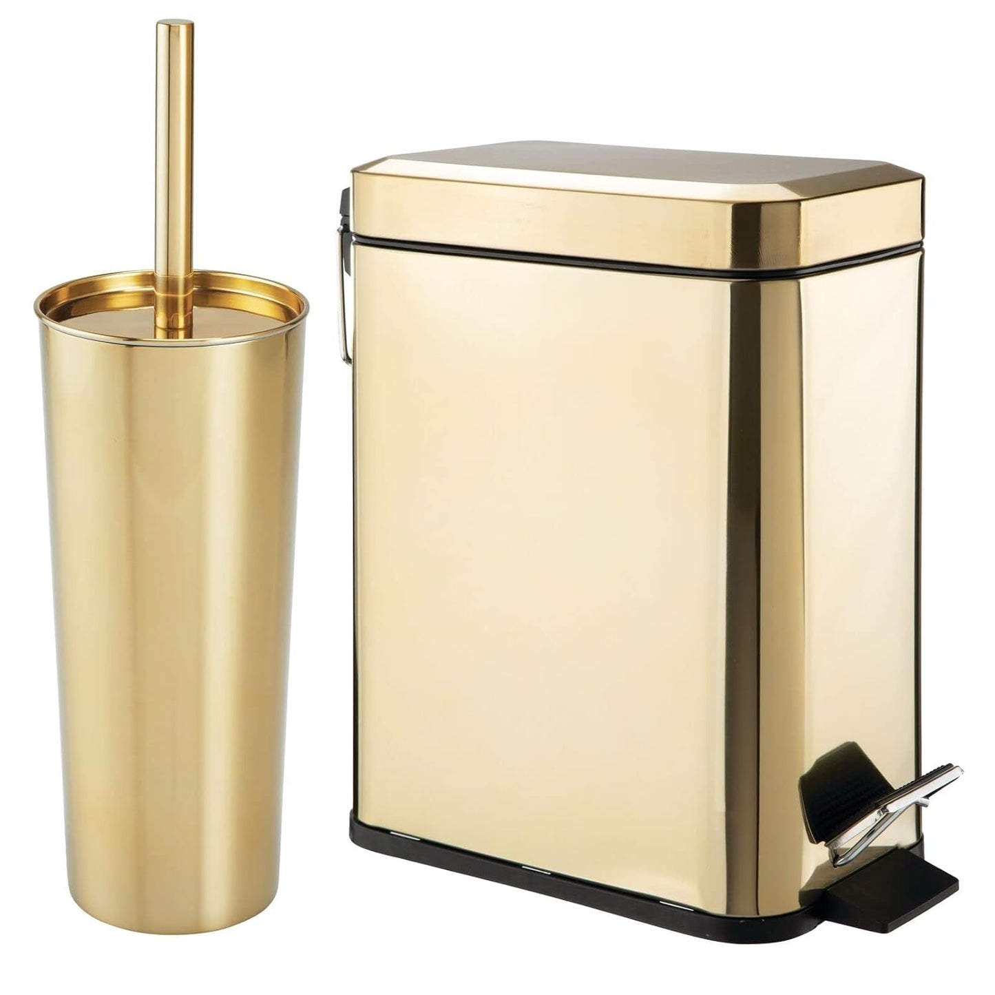 mDesign Metal Freestanding Slim Toilet Bowl Brush and Holder + Rectangle Narrow 5 Liter / 1.3 Gallon Step Pedal Trash Can Wastebasket for Bathroom - Small, Compact Design - Set of 2 - White Marble