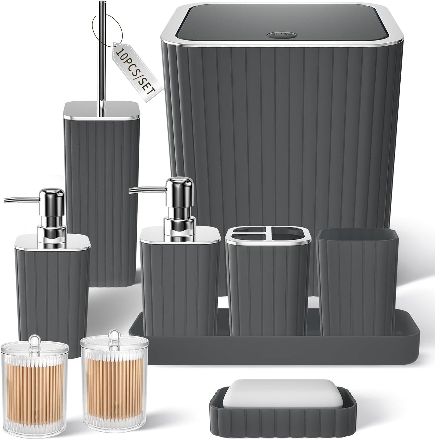 Bathroom Set with Shower Curtain and Rugs- 25PC Bathroom Accessory Set, Black Shower Curtain Set, Toilet Brush, Trash Can, Qtip Holder Dispenser & Soap Dispenser