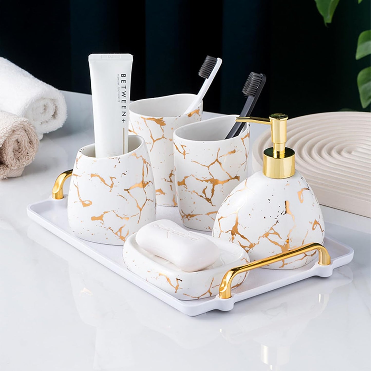 Black Bathroom Accessories Set,Gold Marble Look Bathroom Decor,Modern 6 Piece Bathroom Accessory Set,Complete with Soap Dispenser,Toothbrush Holder,Tumbler,Tray Countertop