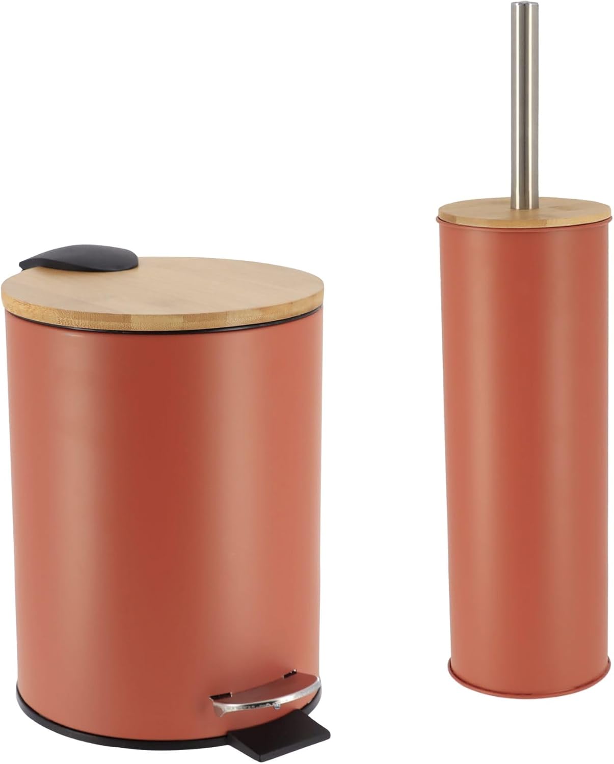 Terracotta Bathroom Set with Bamboo Lid - Matte Metal Trash Can and Toilet Brush, 2.5L Bin with Foot Pedal, Quick-Dry Brush Holder - Compact Set for Small Spaces