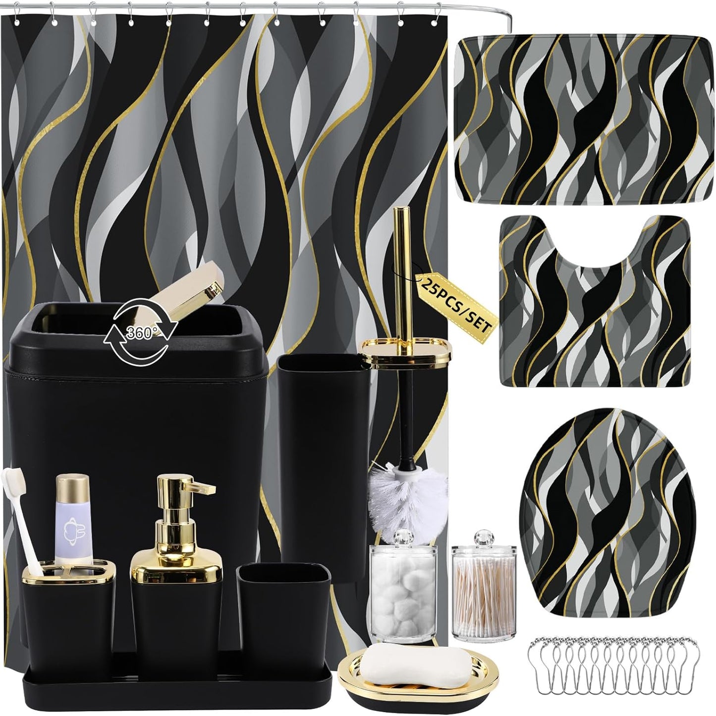 Bathroom Set - Orange Bathroom Accessories Set, Bathroom Sets with Shower Curtain and Rugs, Orange Shower Curtain Set with Bathroom Trash Can, Soap Dispenser, Soap Dish for Home Decor