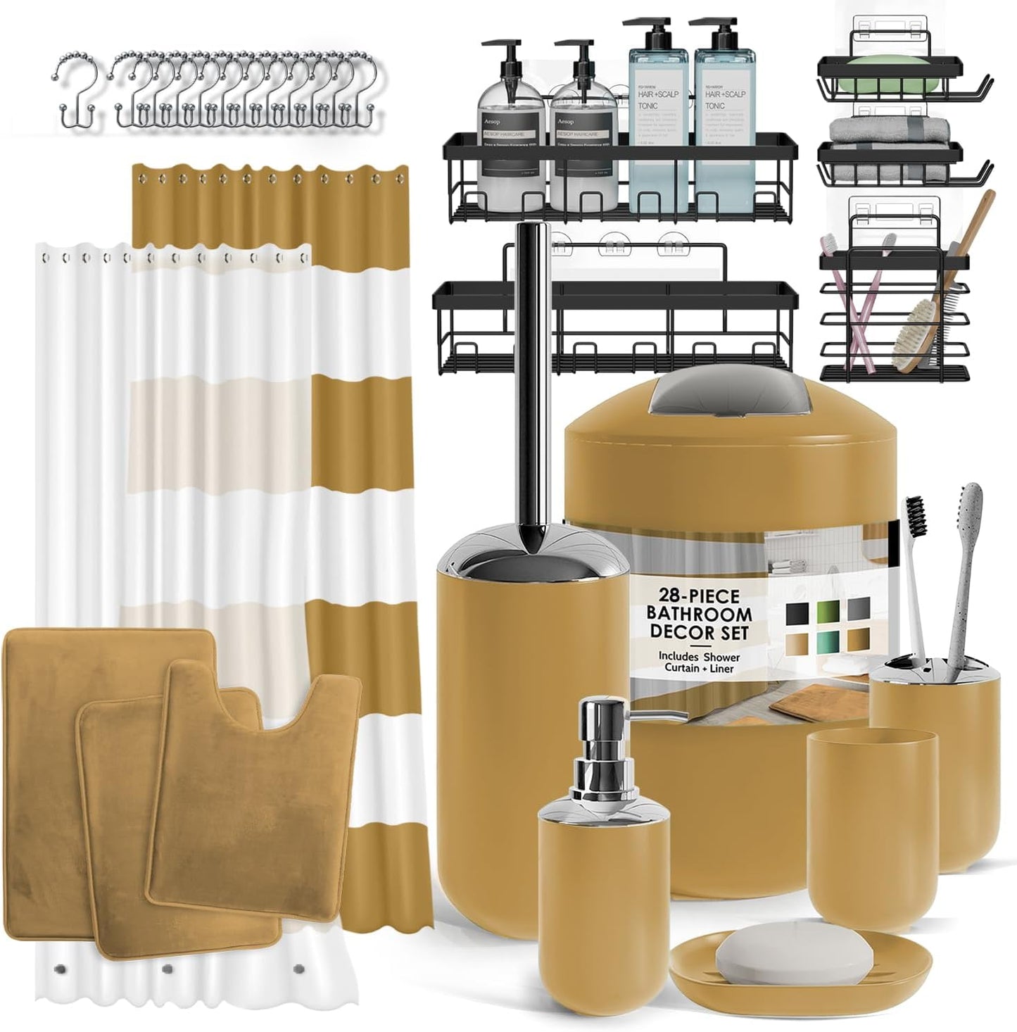 Clara Clark Bathroom Accessories Set - 28PC Bathroom Set with Adhesive Corner Shower Caddy Hanging, Bathroom Sets with Shower Curtain and Rugs, Black Shower Curtain Set with Bathroom Trash Can