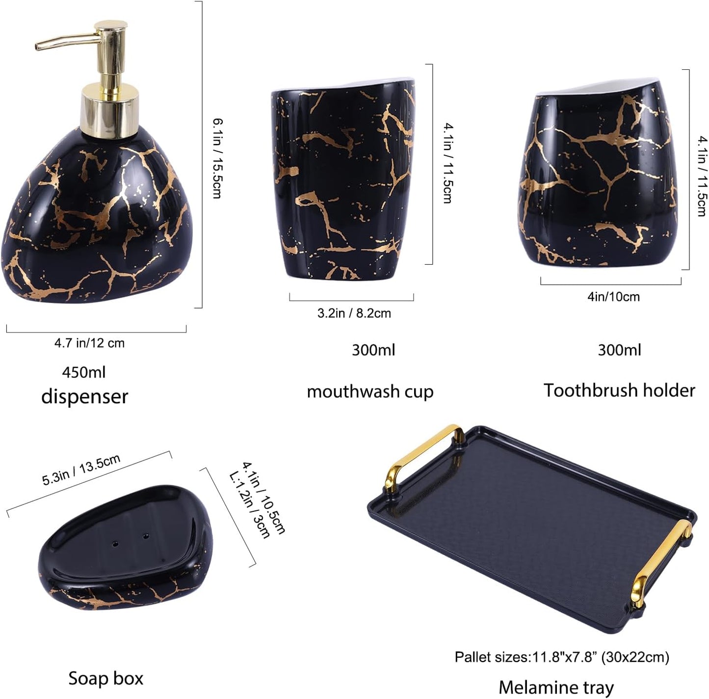 Black Bathroom Accessories Set,Gold Marble Look Bathroom Decor,Modern 6 Piece Bathroom Accessory Set,Complete with Soap Dispenser,Toothbrush Holder,Tumbler,Tray Countertop